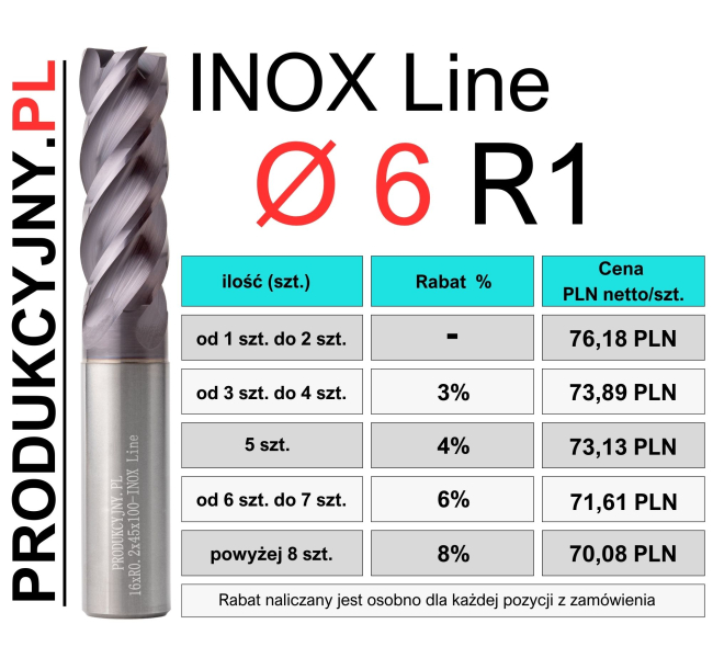 Frez z promieniem naroża fi 6 R1 INOX LINE